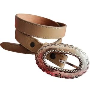 Justin Western Oval Buckle Belt Cream Leather Women's Size 28 Vtg Style USA Made